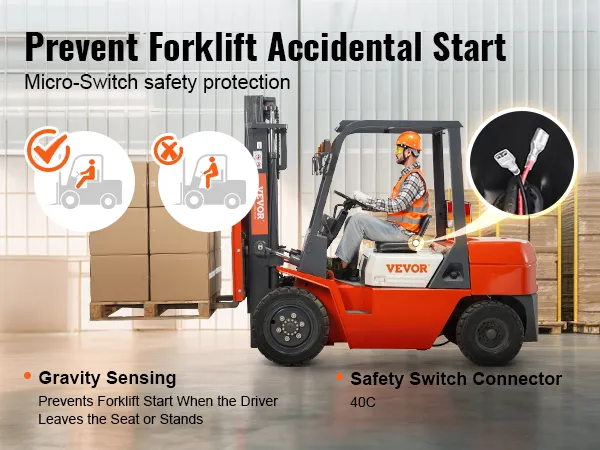 prevent forklift accidental start with VEVOR tractor seat featuring gravity sensing and safety switch connector.