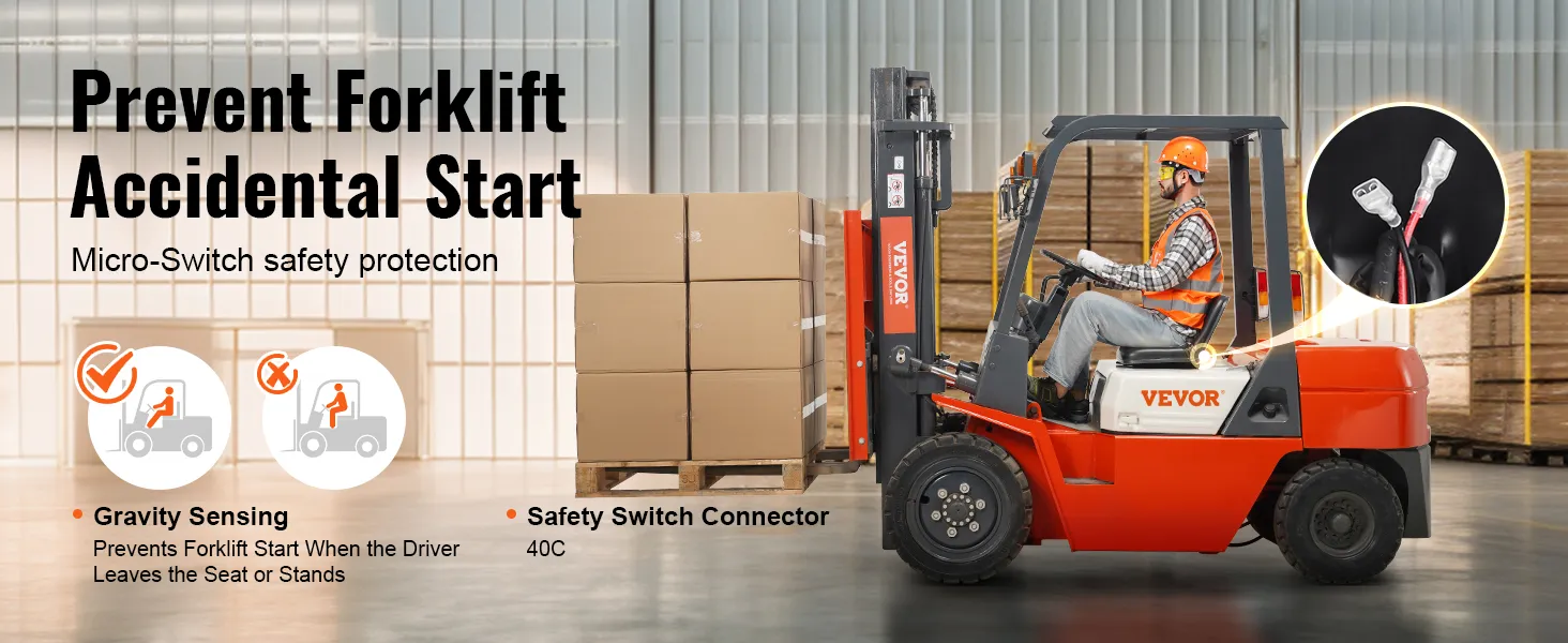 prevent forklift accidental start with VEVOR tractor seat featuring gravity sensing and safety switch connector.