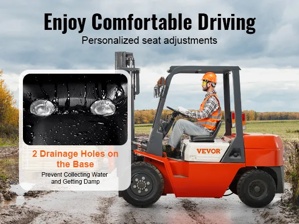 prevent water accumulation ad for VEVOR tractor seat displayed on a forklift in a wooded, muddy environment.
