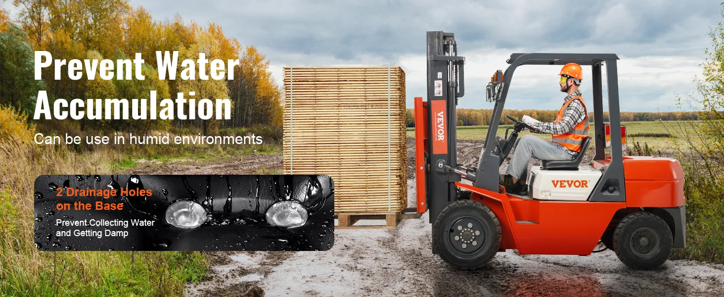 prevent water accumulation ad for VEVOR tractor seat displayed on a forklift in a wooded, muddy environment.