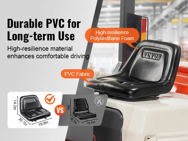 durable VEVOR tractor seat with high-resilience foam, pvc fabric for long-term use and comfortable driving.
