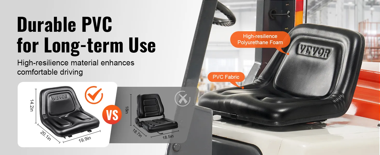 durable VEVOR tractor seat with high-resilience foam, pvc fabric for long-term use and comfortable driving.