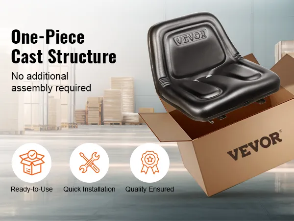 VEVOR tractor seat in an open box, featuring a one-piece cast structure and icons for readiness, quick setup, and quality.