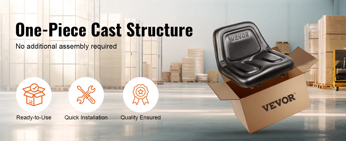 VEVOR tractor seat in an open box, featuring a one-piece cast structure and icons for readiness, quick setup, and quality.