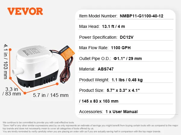 VEVOR-Lenzpumpe mit 1100 gph Durchflussrate, 12 V Gleichstromversorgung und ABS747-Material, Abmessungen 145 x 83 x 103 mm.