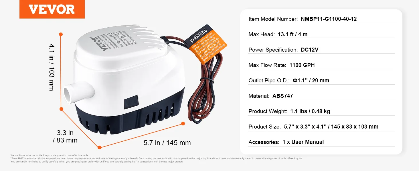 VEVOR-Lenzpumpe mit 1100 gph Durchflussrate, 12 V Gleichstromversorgung und ABS747-Material, Abmessungen 145 x 83 x 103 mm.