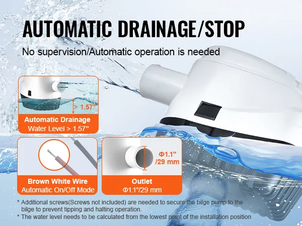 automatische VEVOR-Lenzpumpe mit 1,57-Zoll-Wasserstandsaktivierung, braun/weißem Kabel und 1,1-Zoll-Auslass.