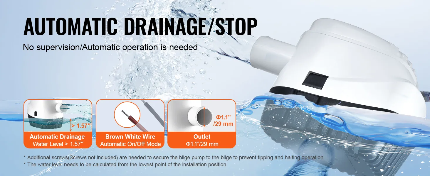 automatische VEVOR-Lenzpumpe mit 1,57-Zoll-Wasserstandsaktivierung, braun/weißem Kabel und 1,1-Zoll-Auslass.