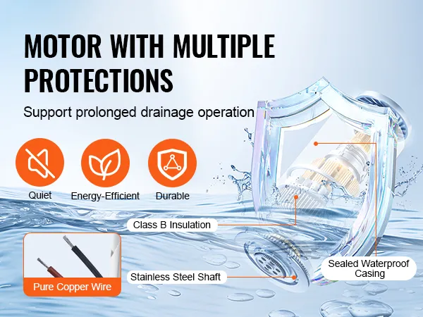 VEVOR-Lenzpumpe mit Mehrfachschutz, reinem Kupferdraht, leise, energieeffizient, langlebig, wasserdicht.