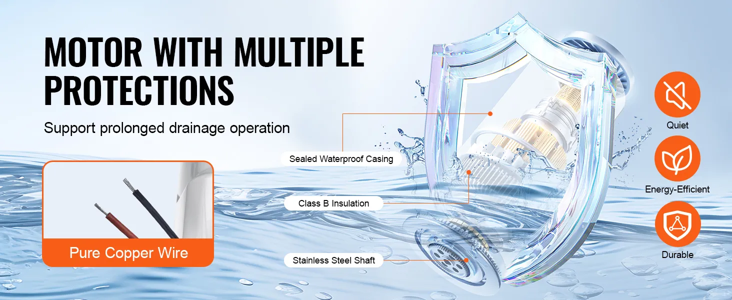 VEVOR-Lenzpumpe mit Mehrfachschutz, reinem Kupferdraht, leise, energieeffizient, langlebig, wasserdicht.