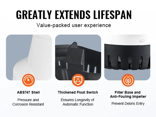 Die VEVOR-Lenzpumpe verfügt über ein ABS747-Gehäuse, einen verdickten Schwimmerschalter, eine Filterbasis und ein Antifouling-Laufrad.