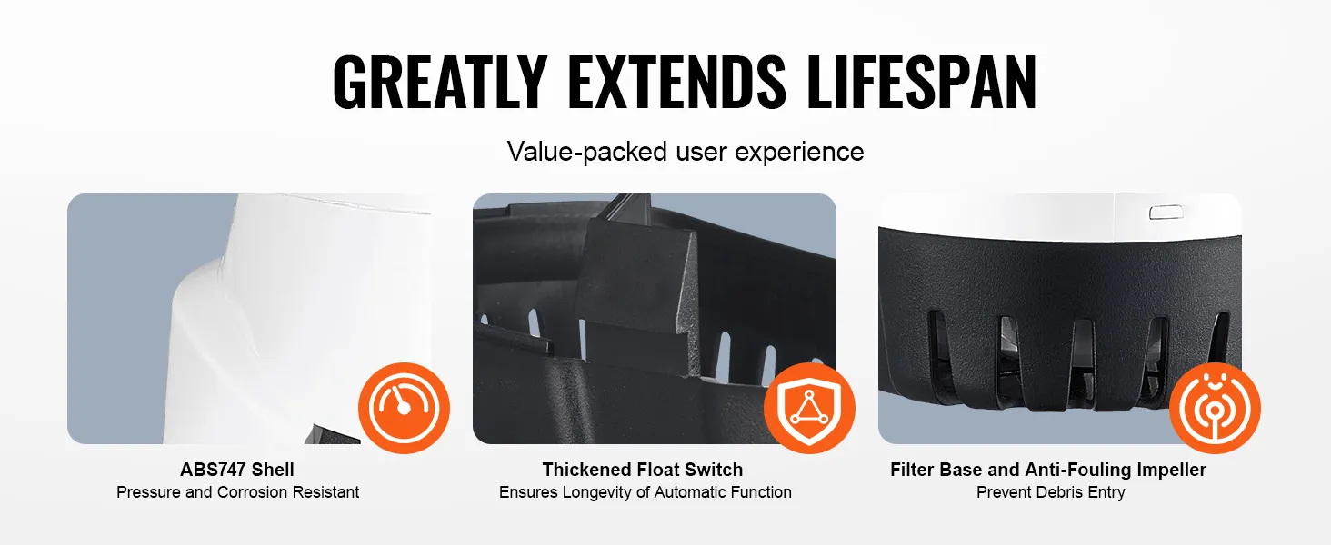 Die VEVOR-Lenzpumpe verfügt über ein ABS747-Gehäuse, einen verdickten Schwimmerschalter, eine Filterbasis und ein Antifouling-Laufrad.