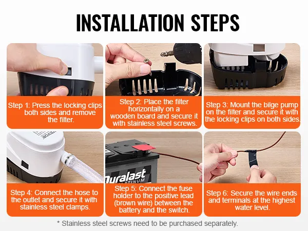 Installationsanleitung für die VEVOR-Lenzpumpe mit schrittweiser Anleitung und Batterie- und Anschlussdetails.