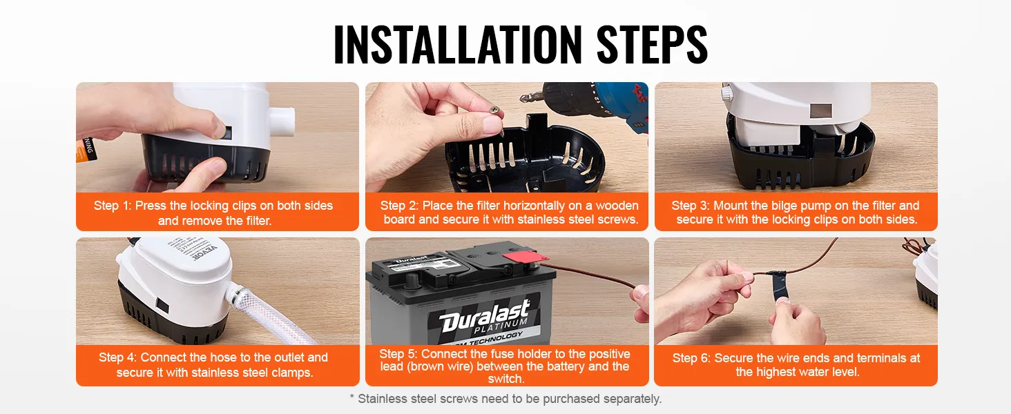 Installationsanleitung für die VEVOR-Lenzpumpe mit schrittweiser Anleitung und Batterie- und Anschlussdetails.
