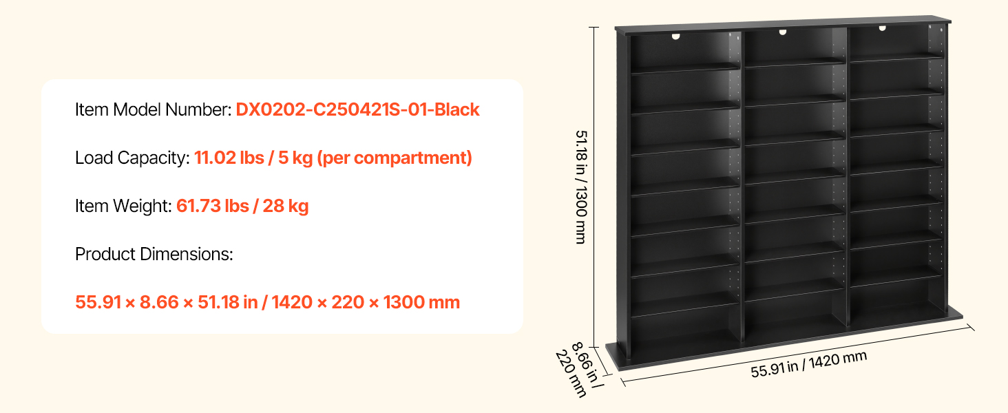 VEVOR Media Storage Cabinet, 8-Tier DVD Shelf Organizer, 55.91 x
