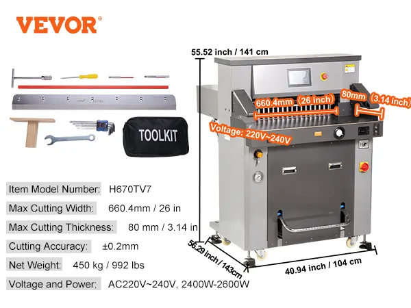 VEVOR electric hydraulic paper cutter with cutting tools and specifications, including dimensions and power.