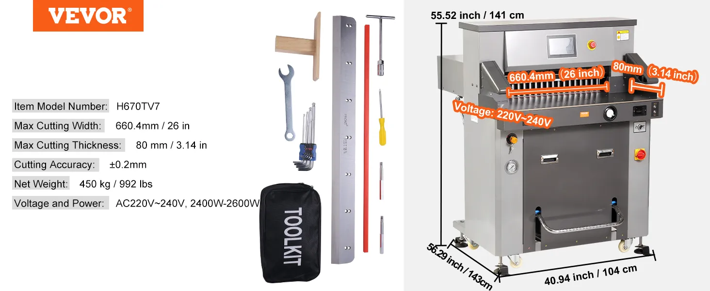 VEVOR electric hydraulic paper cutter with cutting tools and specifications, including dimensions and power.