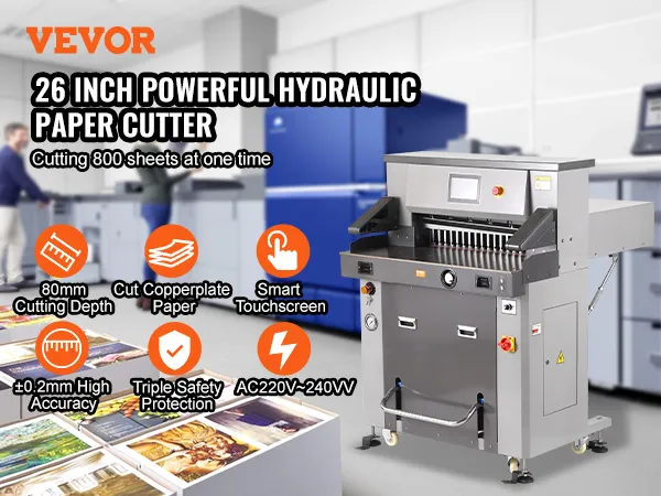 VEVOR electric hydraulic paper cutter with touchscreen, cutting 800 sheets, 80mm cutting depth.