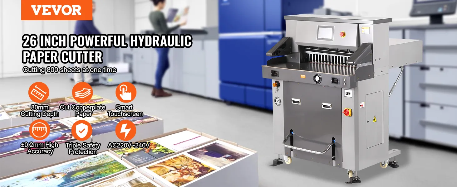 VEVOR electric hydraulic paper cutter with touchscreen, cutting 800 sheets, 80mm cutting depth.