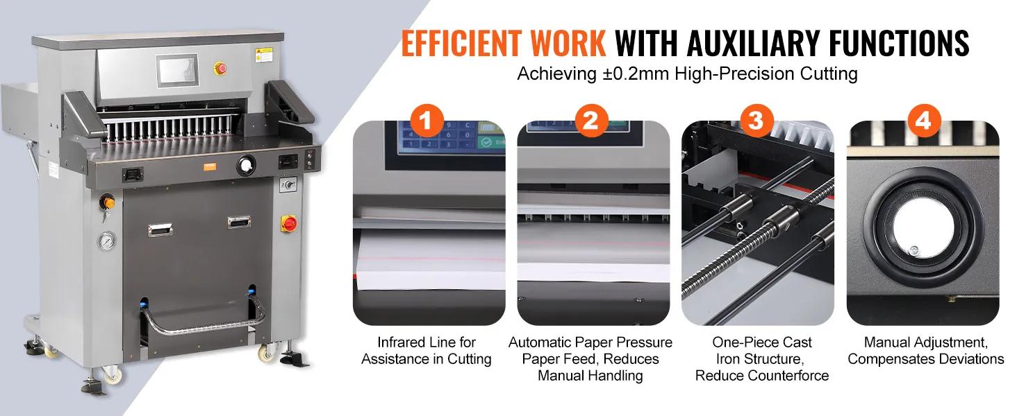 VEVOR electric hydraulic paper cutter with high-precision cutting and auxiliary functions.