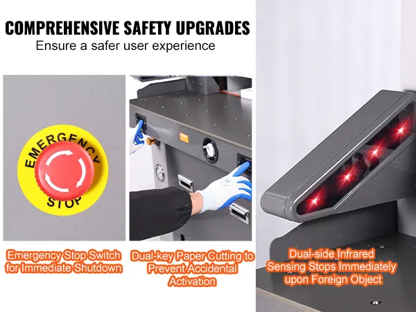 emergency stop switch, dual-key activation, and dual-side infrared sensors of VEVOR electric hydraulic paper cutter.