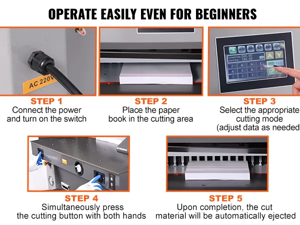VEVOR electric hydraulic paper cutter instructions with step-by-step guide: connect power, place paper, select mode, press buttons, eject.