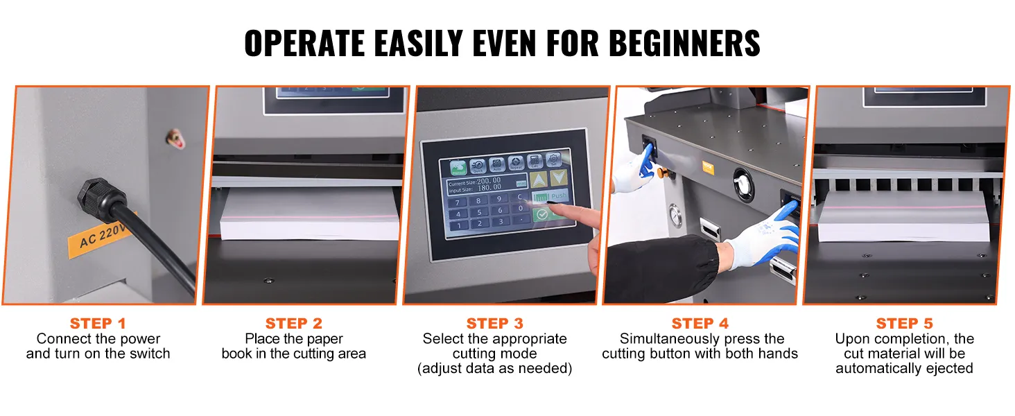 VEVOR electric hydraulic paper cutter instructions with step-by-step guide: connect power, place paper, select mode, press buttons, eject.