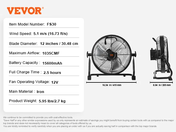 VEVOR cordless fan fs30 specifications: blade diameter 12", max airflow 1035cmf, battery 15600mah.