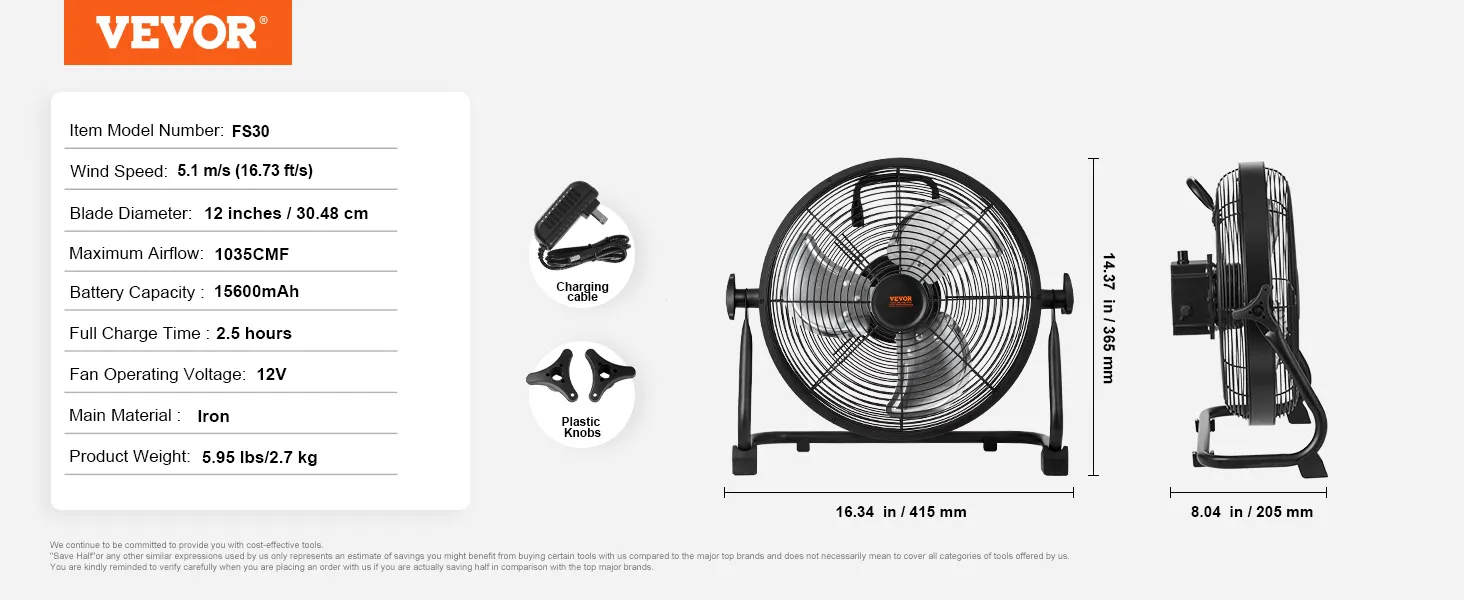 VEVOR cordless fan fs30 specifications: blade diameter 12", max airflow 1035cmf, battery 15600mah.