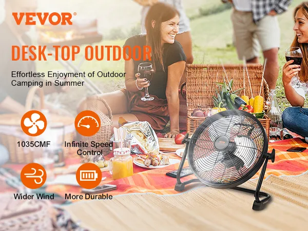 VEVOR cordless fan perfect for outdoor camping, featuring 1035cmf, infinite speed control, and wider wind.