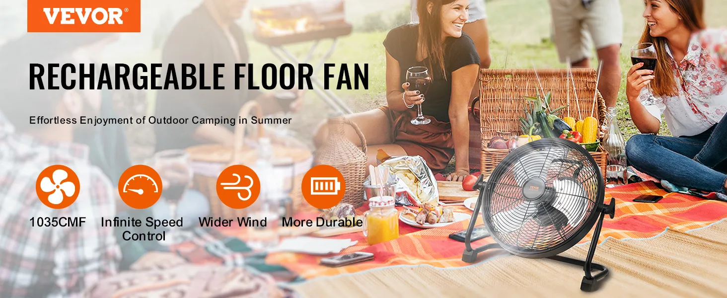 VEVOR cordless fan perfect for outdoor camping, featuring 1035cmf, infinite speed control, and wider wind.