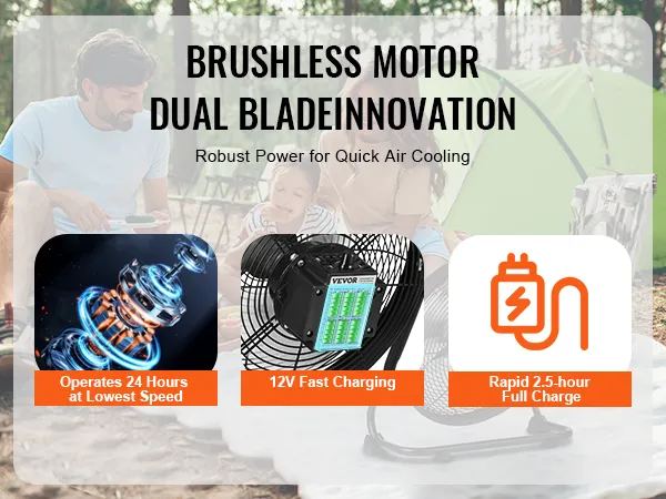 VEVOR cordless fan: brushless motor and dual blade for 24-hour operation, 12v fast charging, 2.5-hour charge time.