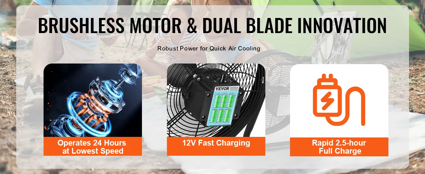 VEVOR cordless fan: brushless motor and dual blade for 24-hour operation, 12v fast charging, 2.5-hour charge time.