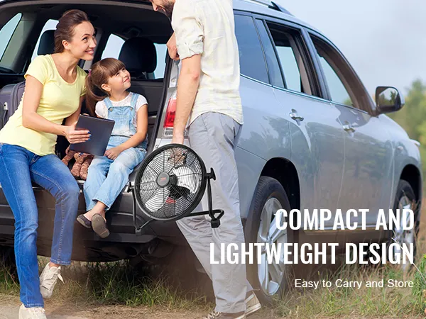 family enjoying outdoors with VEVOR cordless fan and suv, highlighting its compact and lightweight design.