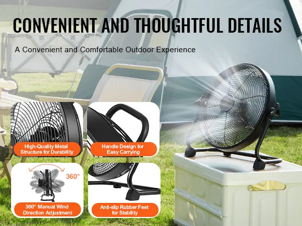 VEVOR cordless fan for outdoor use, featuring a handle, 360° adjustment, and anti-slip rubber feet.