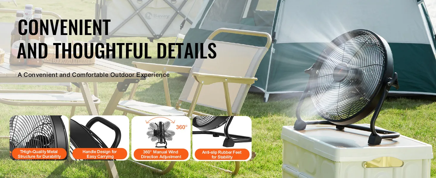 VEVOR cordless fan for outdoor use, featuring a handle, 360° adjustment, and anti-slip rubber feet.
