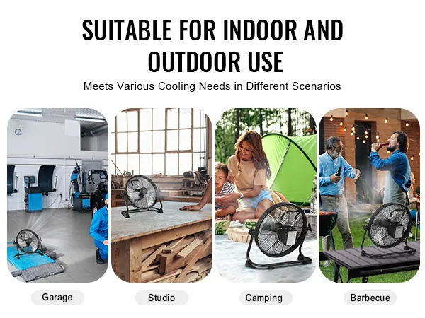 VEVOR cordless fan used in garage, studio, camping, and barbecue setups for indoor and outdoor use.