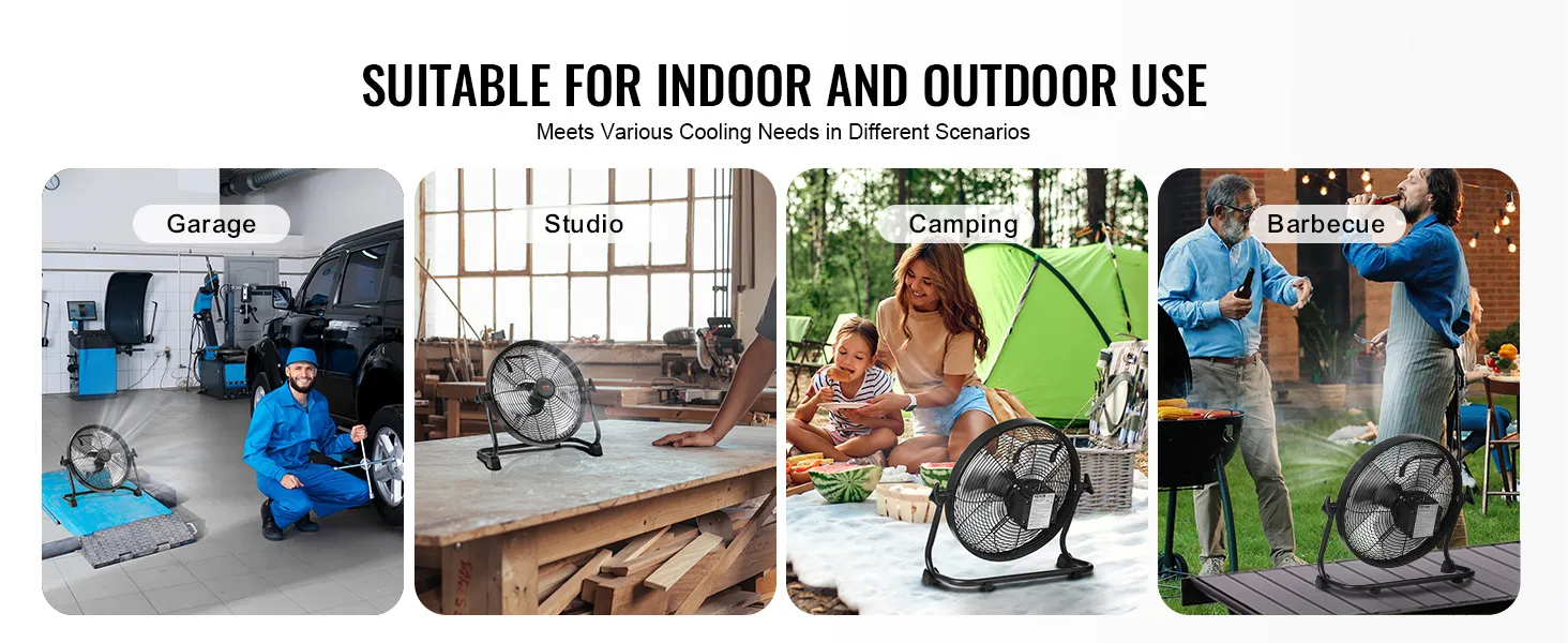VEVOR cordless fan used in garage, studio, camping, and barbecue setups for indoor and outdoor use.