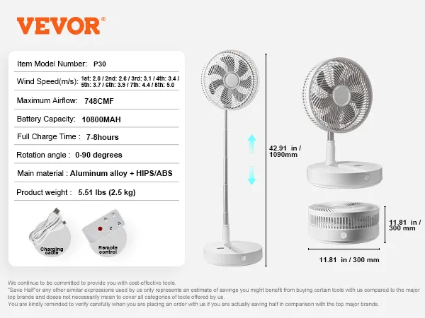 VEVOR foldable oscillating fan p30 with adjustable height, remote control, and rechargeable battery.