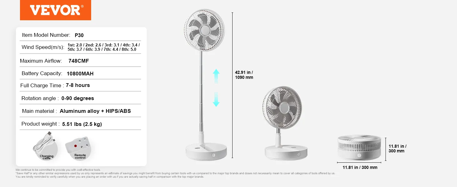 VEVOR foldable oscillating fan p30 with adjustable height, remote control, and rechargeable battery.