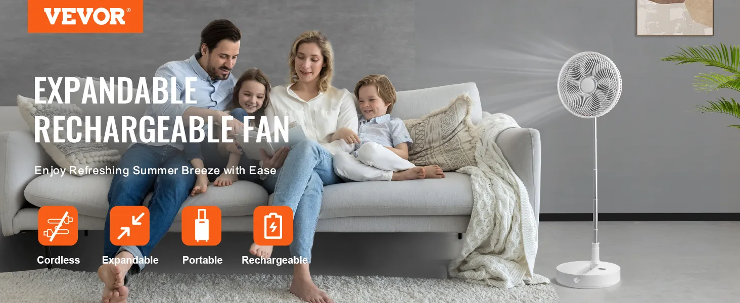 family relaxing on a sofa next to a VEVOR foldable oscillating fan; cordless, portable, and rechargeable.