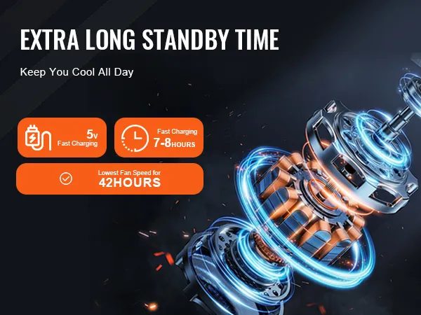 VEVOR foldable oscillating fan with 5v fast charging, 7-8 hours charge time, and 42 hours standby.