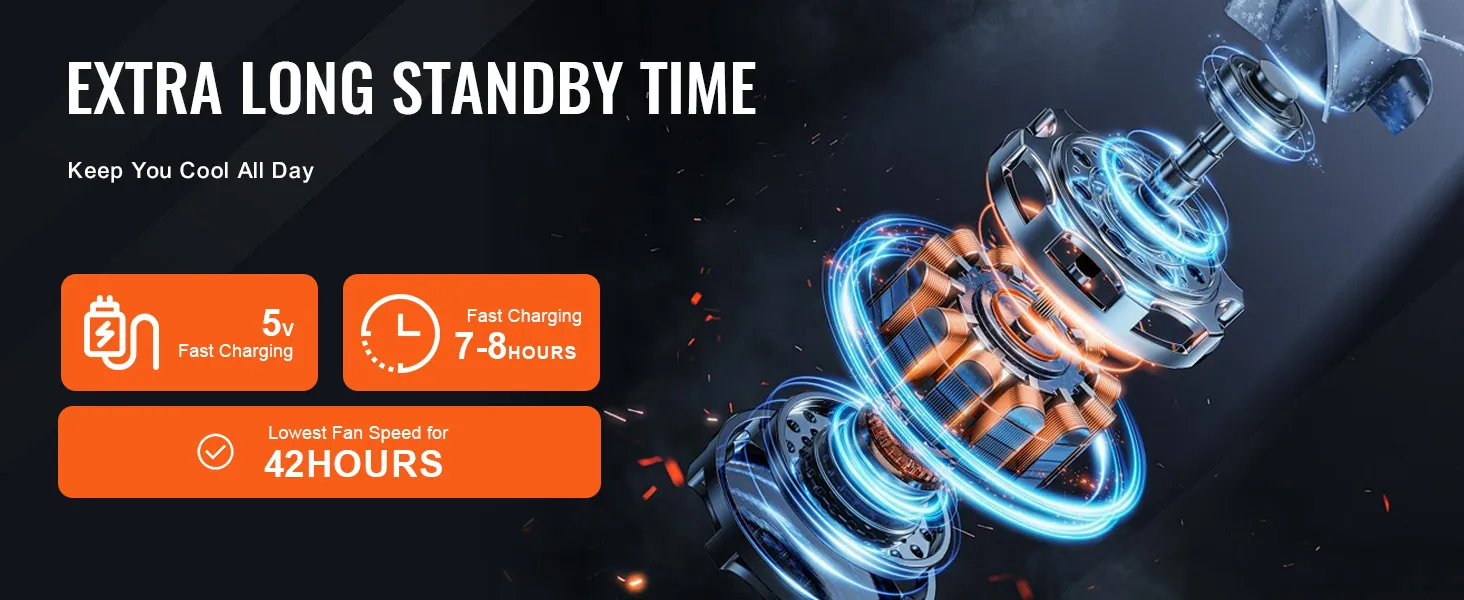 VEVOR foldable oscillating fan with 5v fast charging, 7-8 hours charge time, and 42 hours standby.