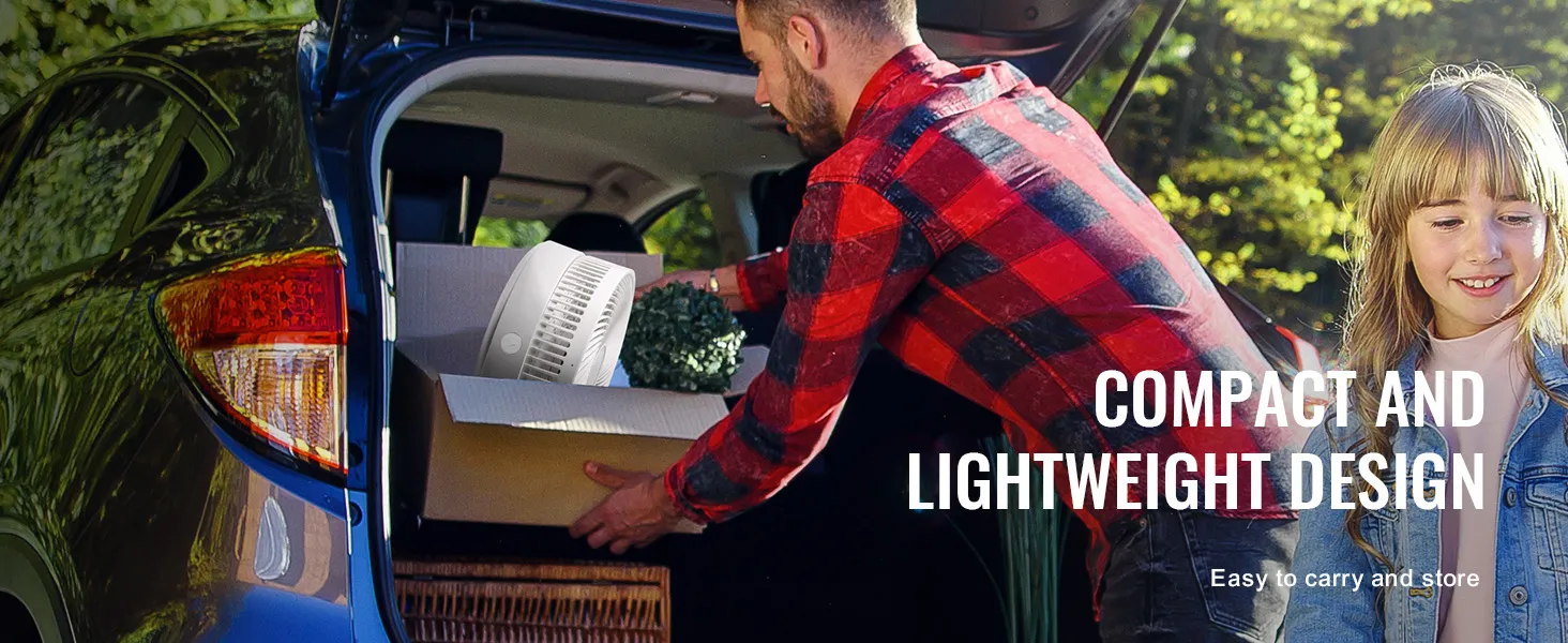 loading a VEVOR foldable oscillating fan into a car, highlighting its compact and lightweight design.