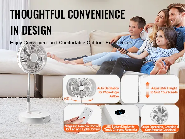 family enjoying the VEVOR foldable oscillating fan in a cozy living room, featuring versatility and convenience.