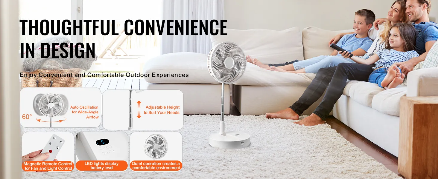 family enjoying the VEVOR foldable oscillating fan in a cozy living room, featuring versatility and convenience.