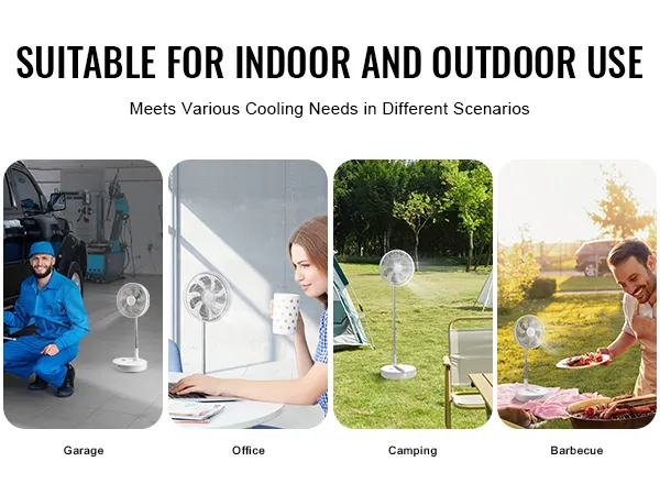 VEVOR foldable oscillating fan used in garage, office, camping, and barbecue settings.
