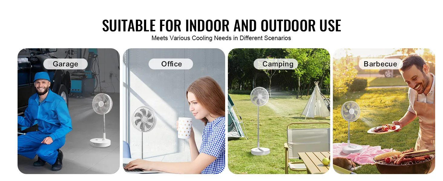 VEVOR foldable oscillating fan used in garage, office, camping, and barbecue settings.