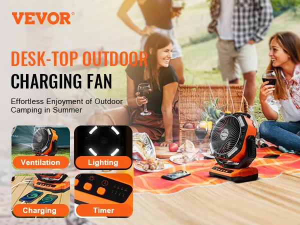 Ventilador portátil VEVOR para acampar al aire libre con amigos, destacando ventilación, iluminación, carga y temporizador.