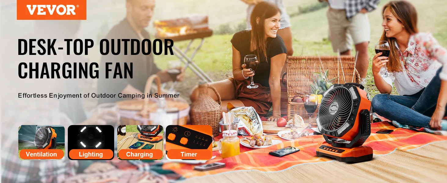 Ventilador portátil VEVOR para acampar al aire libre con amigos, destacando ventilación, iluminación, carga y temporizador.